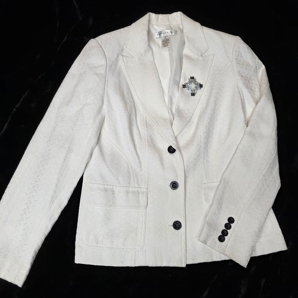 Pursuits Ltd Womens Blazer Size 8 White Textured Shimmer 3 Button‎ Jacket Brooch